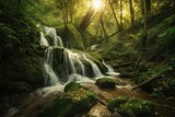 beautiful forest landscape image with river or steam or cascade water flowing in the centre on sunset, generative AI