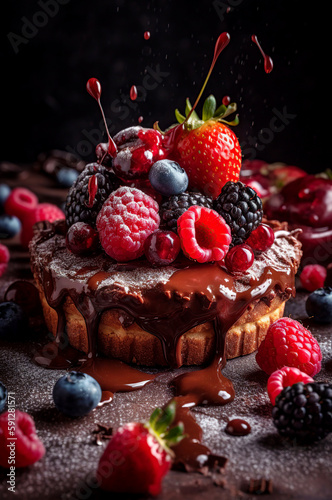 Tasty chocolate cake decorated with berries. Created with generative AI