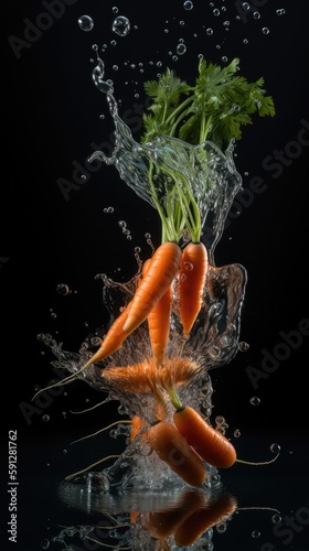 Fresh carrots with water splash isolated on black background. Healthy food concept, for food magazine