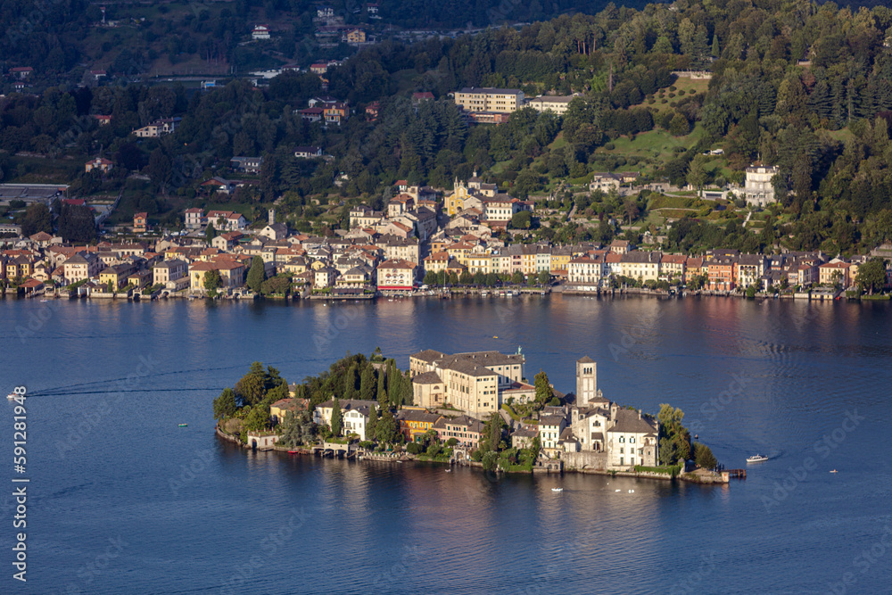 Lake Como with a small island with a church on it, Italy
