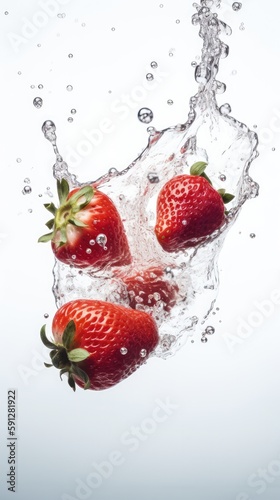Strawberry falling into water with air bubbles on white background.
