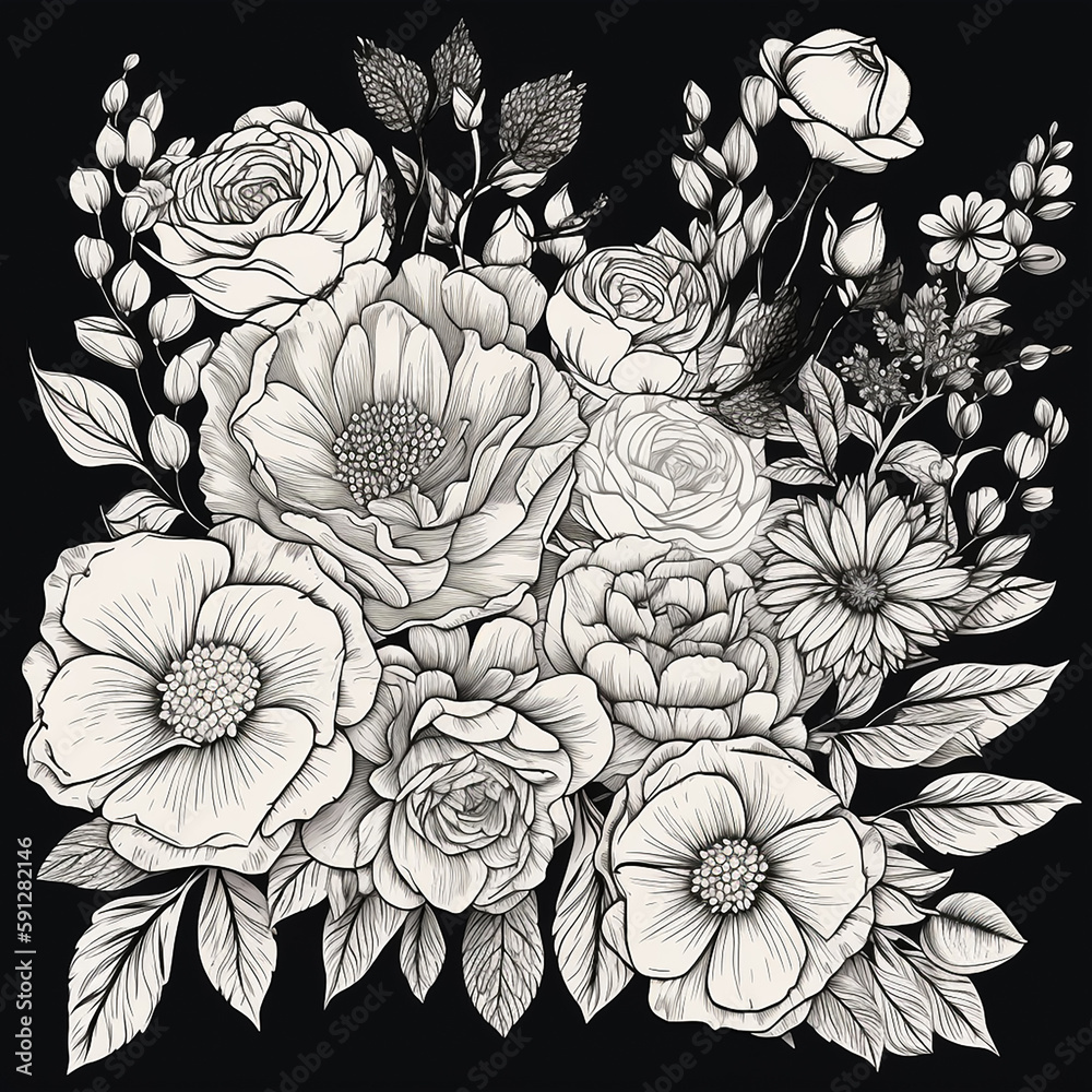 花のイラストの塗り絵。 黒い背景に分離された白の葉や花を描いた植物のライン　Generative AI 