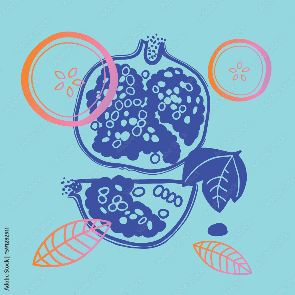 custom made wallpaper toronto digitalAppetizing fruit and berries collection. Decorative abstract horizontal banner with colorful doodles. Hand-drawn modern illustrations with fruit and berries, abstract elements. Abstract series