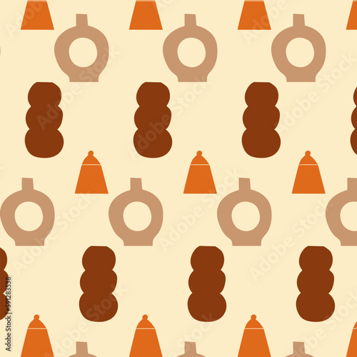 Vector pattern of pottery. Sugar bowl, vase, jug. Colored on a beige background. Kitchen, potter, cafe, restaurant, retro, silhouette, minimalism, illustration, wallpaper, fabric, wrapping pape. Eps10