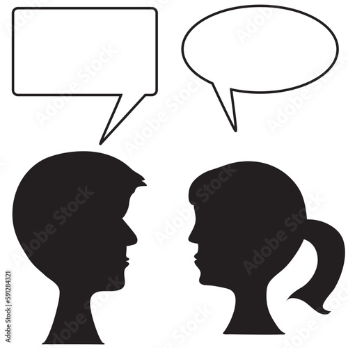 Illustration of a young couple with speech bubble. Two people, silhouette of heads man and woman, discussion and communication, dialogue and conversation. Vector illustration.
