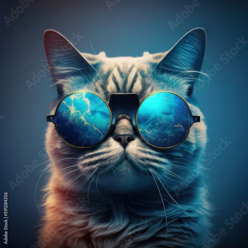 Cat wearing glasses and looking up at the sky. Generative AI © cac_tus