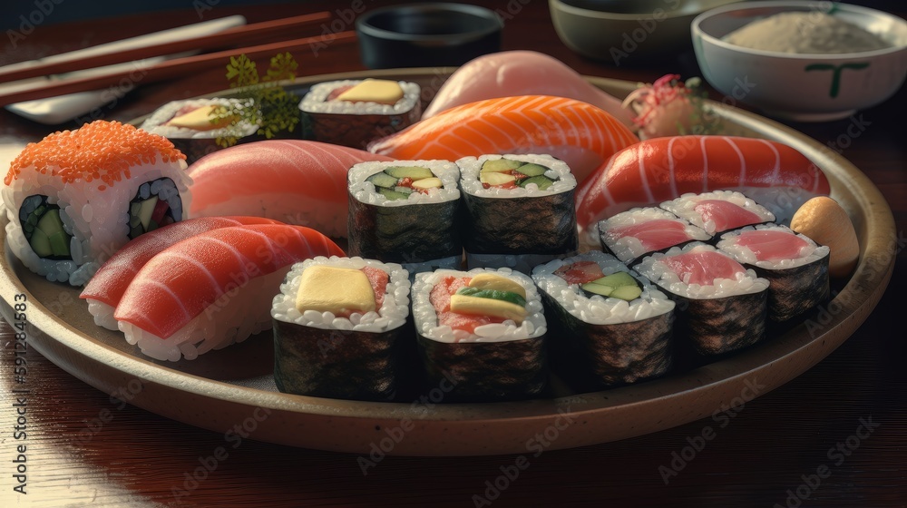 Sushi on a plate. Generative ai Sushi on a plate. Generative ai