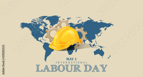 International labour Day May 1 Banner With Safety Helmet on World Map Illustration