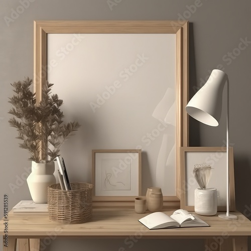 Clean, minimal, large blank photo frame mock - up on a table illustration made with Generative AI 
