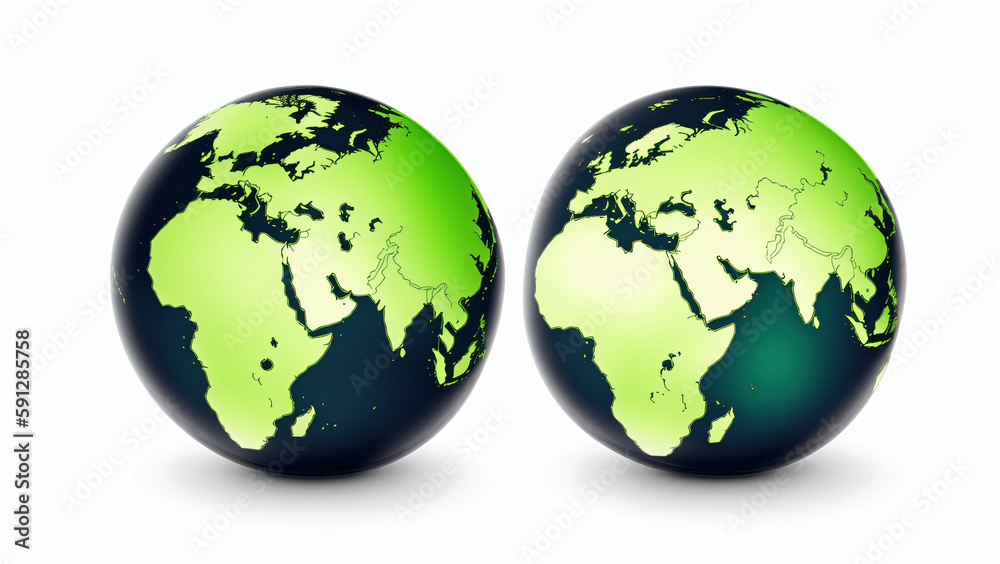 illustration of two greenish earth globes on white background, generative AI