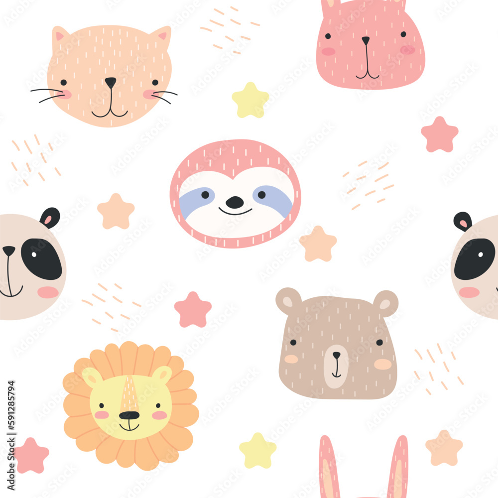 Cute seamless pattern with panda, bunny, cat, lion, bear and sloth. cute vector texture for baby bedding, fabric, wallpaper, wrapping paper, textile, t-shirt print