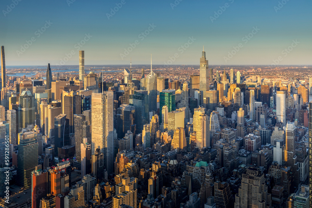 New York, USA - April 30, 2022: Nice view of skyscrapers at sunset in Manhattan, New York City