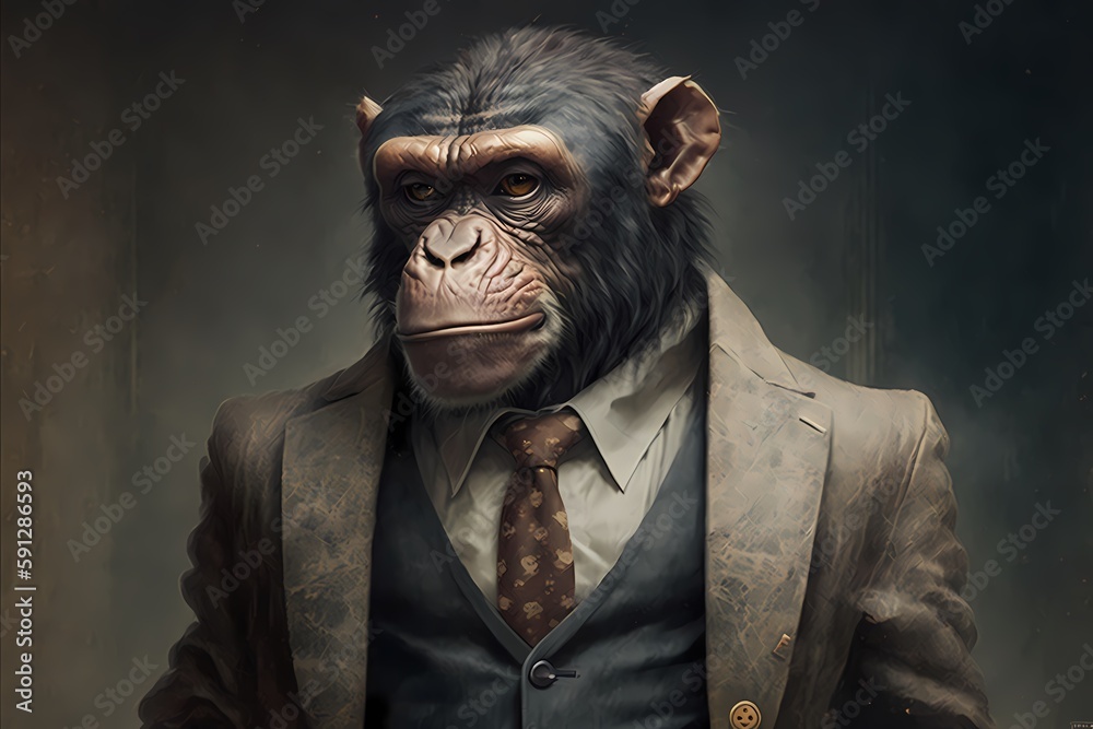 Portrait of a Monkey (Chimpanzee) dressed in a suit - Generative AI Portrait of a Monkey (Chimpanzee) dressed in a suit - Generative AI