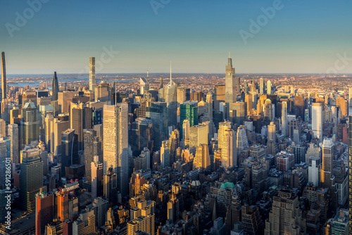 New York, USA - April 30, 2022: Nice view of skyscrapers at sunset in Manhattan, New York City