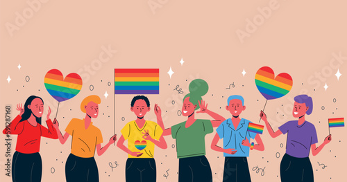 Diverse group of lgbt people or crowd holding posters, placards, symbols, signs and colorful rainbow flags on gay parade, pride month or festival celebrate pride month web banner, poster. Pride