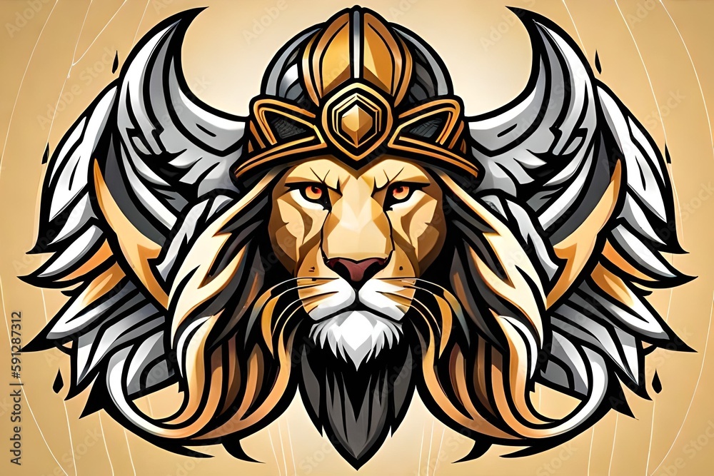 lion head vector logo, 2D detailed, yellow armour, female, wings helmet, fantasy, black and white background