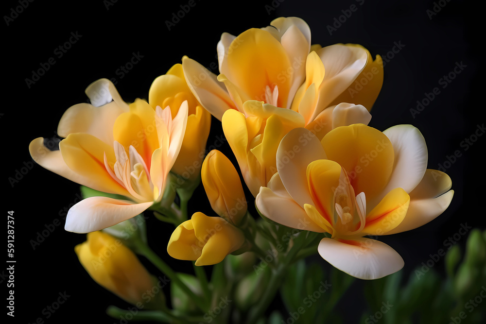 Fototapeta premium Freesia (Freesia) - Flower native to southern Africa - Known for their fragrant blooms & bright colors. They are often used for decorative purposes and as a symbol of trust & innocence (Generative AI)
