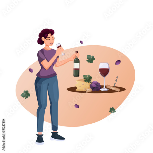 A young woman is testing wine and holding a glass and bottle of wine. grapes, cheese, cork, corkscrew. Vector