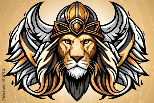 lion head vector logo  2D detailed  yellow armour  female  wings helmet  fantasy  black and white background