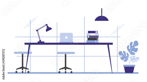 Modern table with a lamp and flowers. Cute interior illustration in flat style