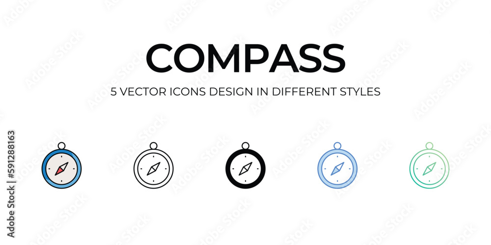 Compass Icon Design in Five style with Editable Stroke. Line, Solid, Flat Line, Duo Tone Color, and Color Gradient Line. Suitable for Web Page, Mobile App, UI, UX and GUI design.