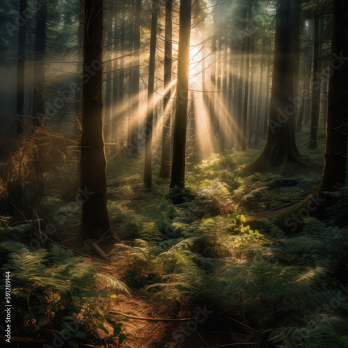 mystical forest with tall trees and sun shine © Mattew