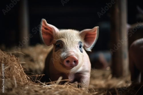 a young little pig stands in straw on a farm. household. generative AI