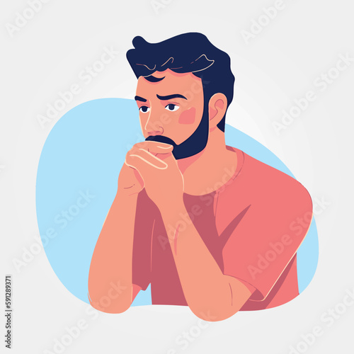 man thinking with hands on chin, minimalist vector illustration
