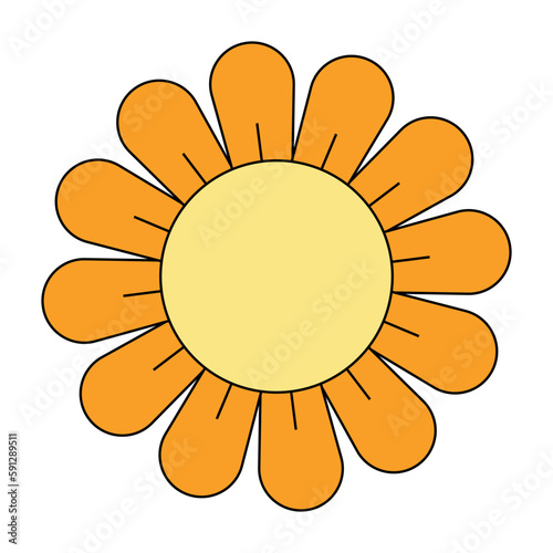 Retro groovy charm chamomile. Hippie daisy flower head. Positive and upbeat vibe of hippy movement. Vintage cartoon plant nostalgia. Trendy y2k funky floral pop culture design. Vector isolated element