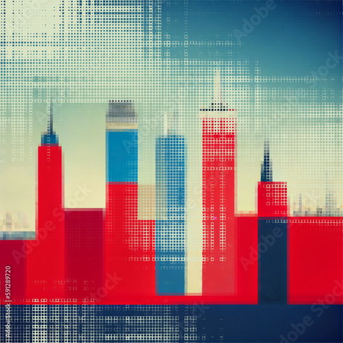 Abstract cityscape halftone dots background. Vector illustration