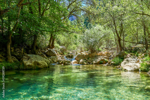 River passing in the Cerrada de Utrero in Sierra Cazorla, Segura y Las Villas Natural Park. Declared a Biosphere Reserve by UNESCO. Located in the province of Jaen, Andalusia, Spain