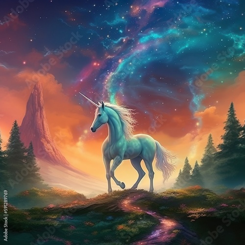 magical white unicorn in a colorful wonderland