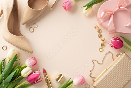 High-end Mother's Day gift concept. Top view flat lay of designer handbag, luxury makeup products, high heels and floral arrangements on a pastel beige background with copyspace in the middle