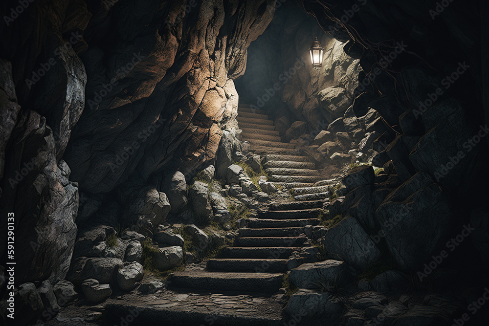 stairs in a gloomy dungeon, created by a neural network,