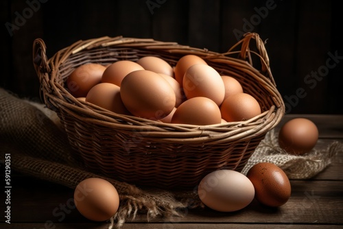 fresh chicken eggs in a basket on a wooden table. generative AI