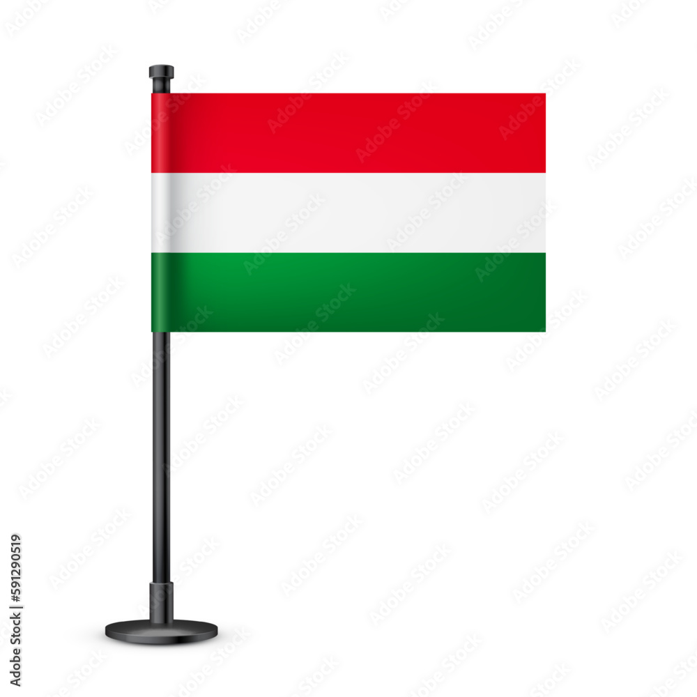 Realistic Hungarian table flag on a black steel pole. Souvenir from Hungary. Desk flag made of paper or fabric and shiny metal stand. Mockup for promotion and advertising. Vector illustration Realistic Hungarian table flag on a black steel pole. Souvenir from Hungary. Desk flag made of paper or fabric and shiny metal stand. Mockup for promotion and advertising. Vector illustration