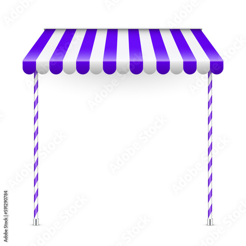 Violet shop sunshade with stand holders. Realistic striped cafe awning. Outdoor market tent. Roof canopy. Summer street store. Vector illustration