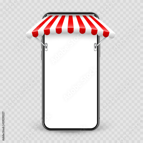 Smartphone with shop sunshade and metal mount, online internet shopping. Realistic red striped cafe awning. Outdoor market tent. Roof canopy. Summer street store. Vector illustration