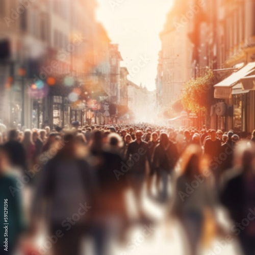 Busy street scene with crowds of people walking in the city, shopping,tourism,business people on a sunny day, blurred bokeh background crowded