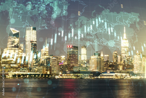 Double exposure of abstract creative financial diagram and world map on New York city office buildings background  banking and accounting concept