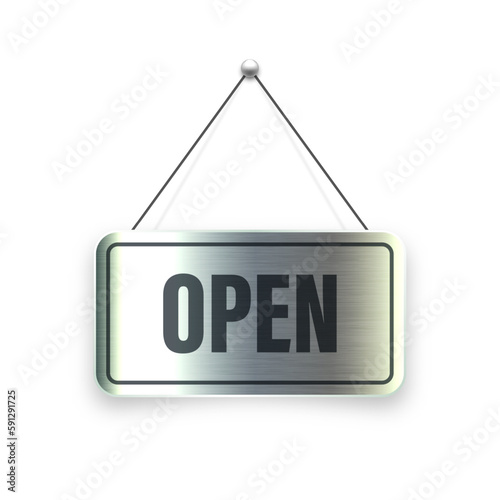 Brushed metal Open hanging signboard. Vintage door sign for cafe, restaurant, bar or retail store. Announcement banner, information signage for business or service. Vector illustration