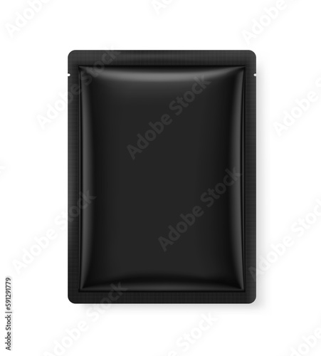 Black realistic sachet mockup. Vector illustration isolated on white background. Packaging for cosmetic, food, pet. Ready for your design. EPS10.	
