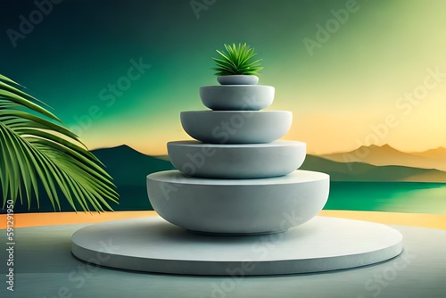 3D background with stone podium display. Nature rock pedestal with tropical palm leaf and shadow on green background. Cosmetic, beauty product promotion stand with plant. Studio 3D render