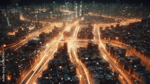 Big Data Highway Communication and Technology Infrastructure Visualization, Aerial Night Time City, AI Generative