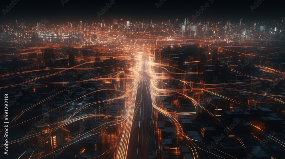 Abstract Network of Fast Internet, Big Data Highway Communication and Technology Infrastructure Visualization, Aerial Night Time City, AI Generative