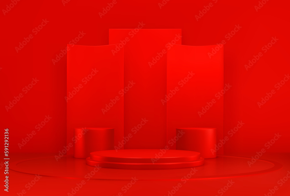 Red podium, realistic 3d platform or pedestal mockup for showcasing cosmetics during presentation. Vector background for promoting professional luxury beauty or skincare products on studio stage Red podium, realistic 3d platform or pedestal mockup for showcasing cosmetics during presentation. Vector background for promoting professional luxury beauty or skincare products on studio stage