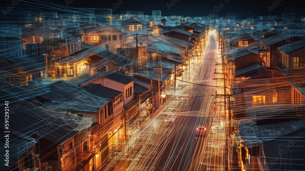 Aerial View of a Minor City Street with High-Speed Data Flow, AI Generative Aerial View of a Minor City Street with High-Speed Data Flow, AI Generative