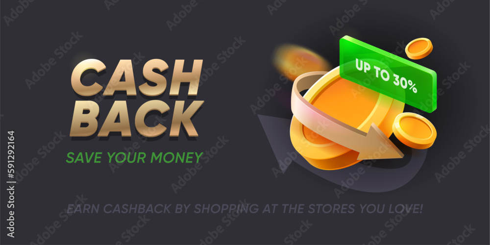 Naklejka premium Cashback banner with coins and arrows indicating savings or rewards. Vector promotional background for financial offers, loyalty or shopping programs, cash back services and apps for saving money