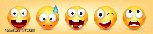 Cartoon emoji, emoticons collection. Yellow face with emotions, mood. Facial expression, realistic emoji. Sad, happy, angry faces. Funny character with smiling face. Vector illustration