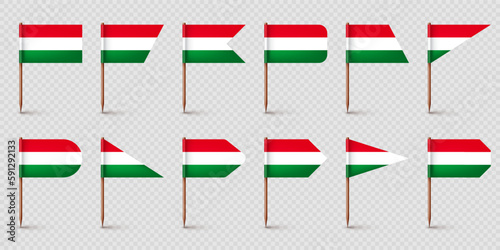 Realistic various Hungarian toothpick flags. Souvenir from Hungary. Wooden toothpicks with paper flag. Location mark, map pointer. Blank mockup for advertising and promotions. Vector illustration